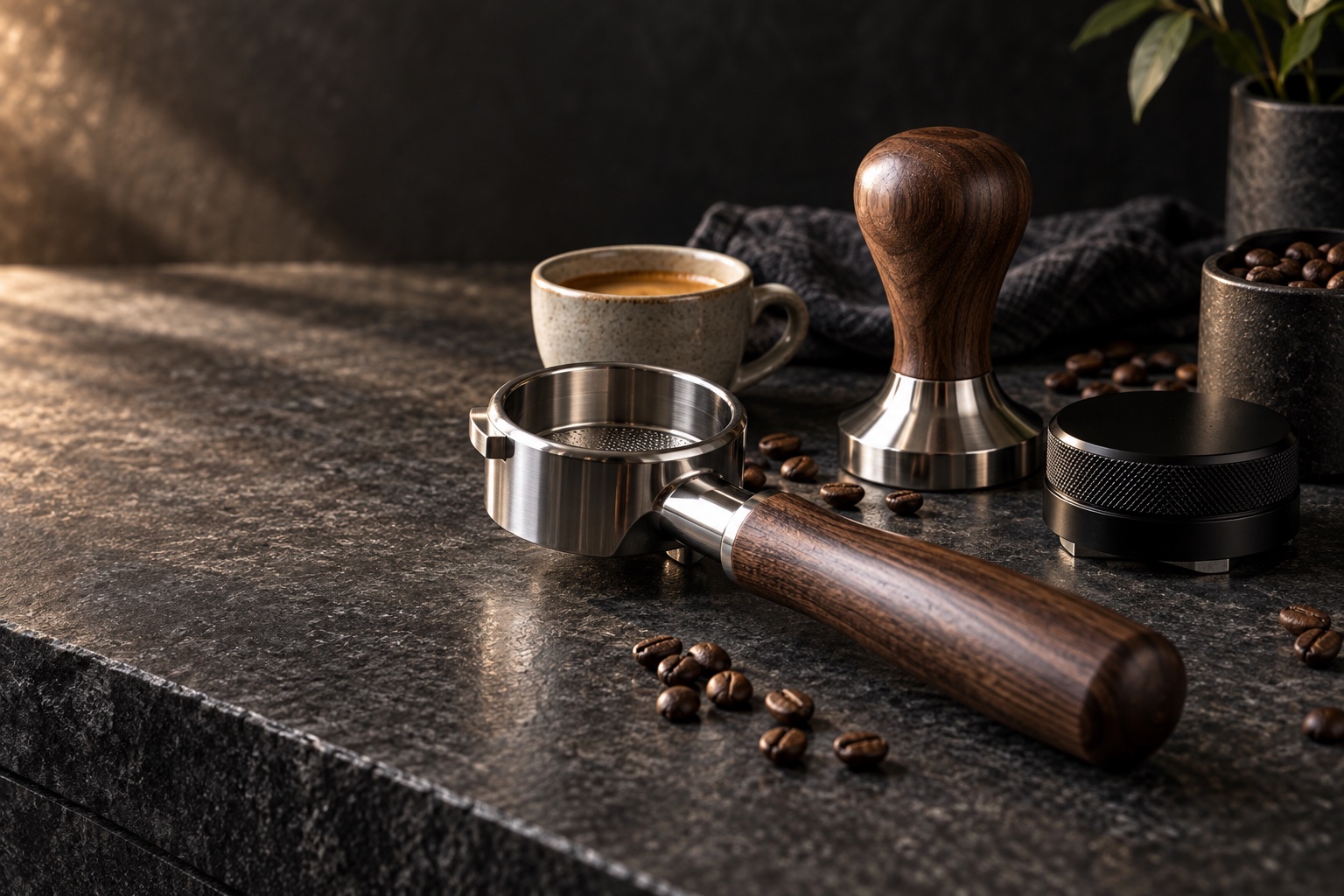 Espresso tools with wooden handles on a dark coffee bar